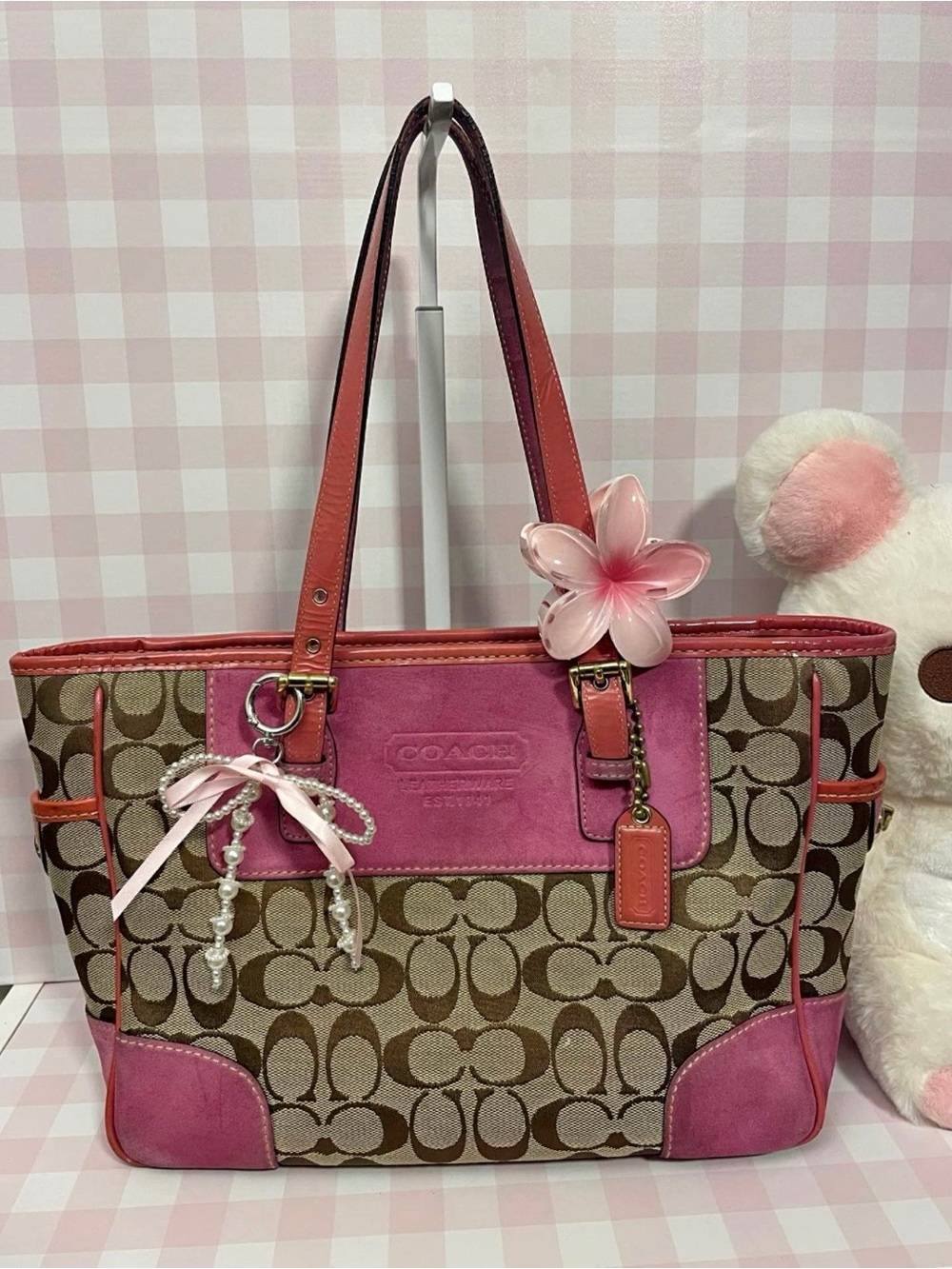 Vintage Coach Brown Signature Canvas Tote with Pink Leather Accents